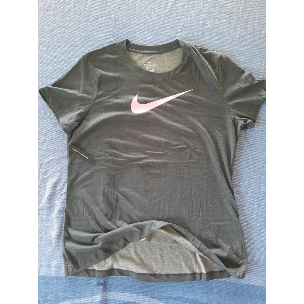 Nike Womens Dri-FIT Swoosh Graphic Tee Heather Charcoal Pink AQ3212-091 Large